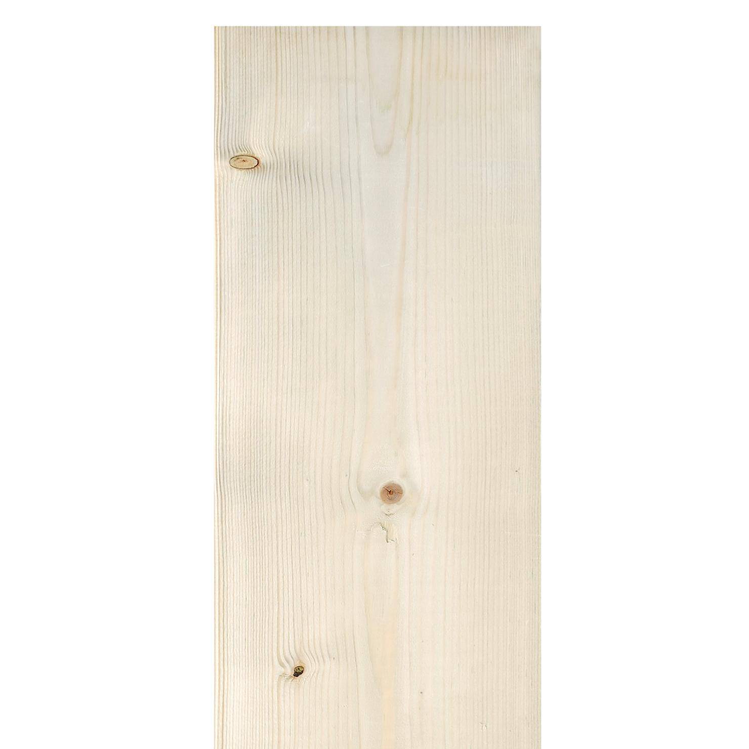 Gehobeltes Fichtenbrett 28×142×1800 mm, kammergetrocknet, kesseldruckimprägniert, Kanten gerundet, glatte helle Oberfläche mit feiner Holzmaserung und sichtbaren Aststellen