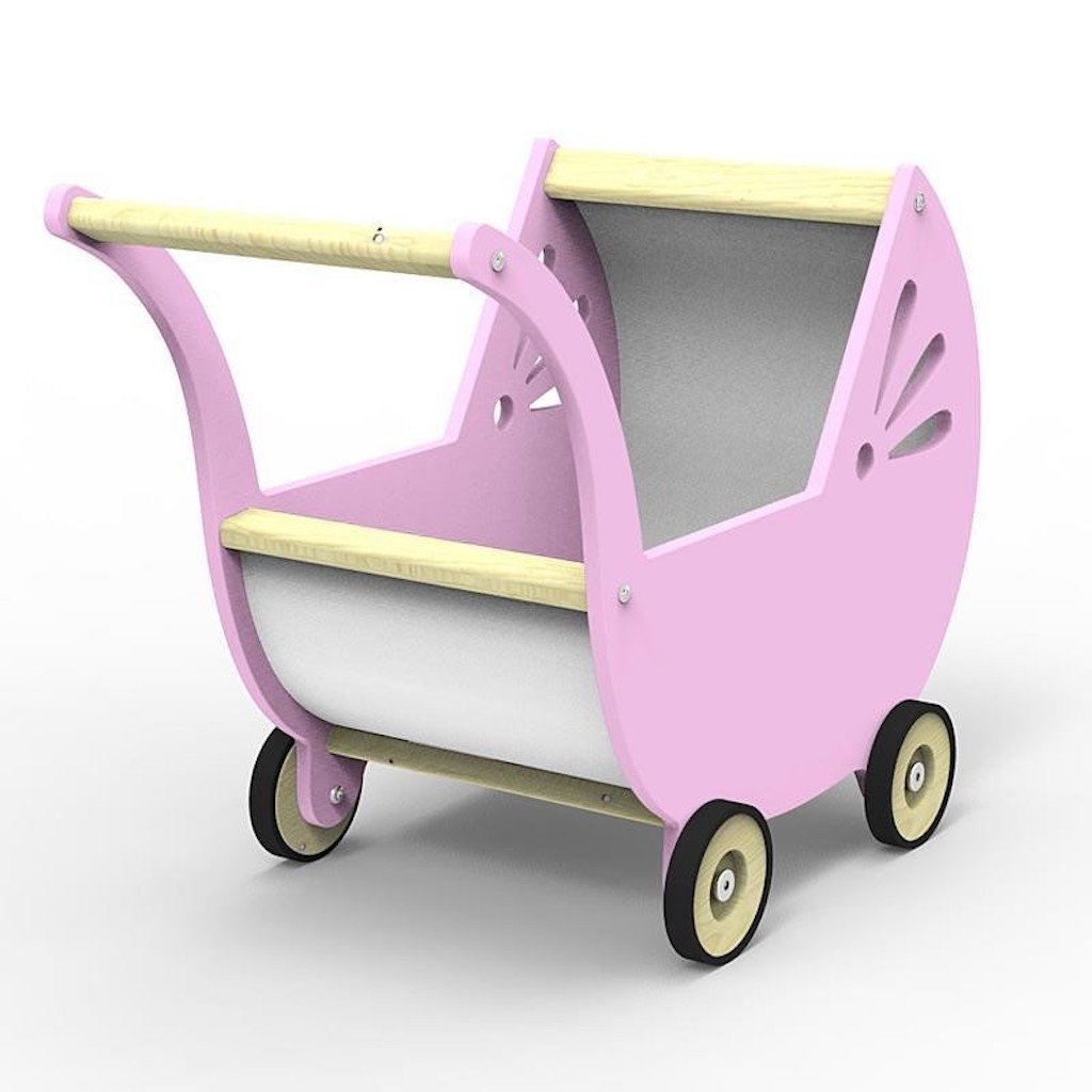 Puppenwagen Lilli aus Holz, Seiten in Rosa, Sitzfläche und Rückwand weiß, vier schwarze Räder mit Holzfelgen, schlichter, moderner Stil, geeignet für Kinder zum Schieben und Spielen, Produktfoto auf weißem Hintergrund
