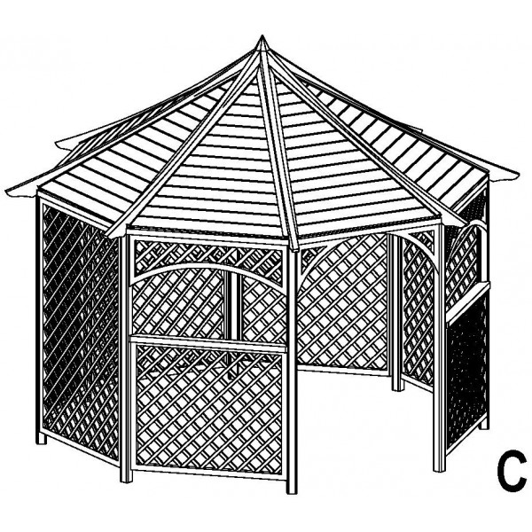 8-eckiger Pavillon Alma, Durchmesser 350 cm, Kiefer kd imprägniert, mit Gitterwänden und spitz zulaufendem Dach.