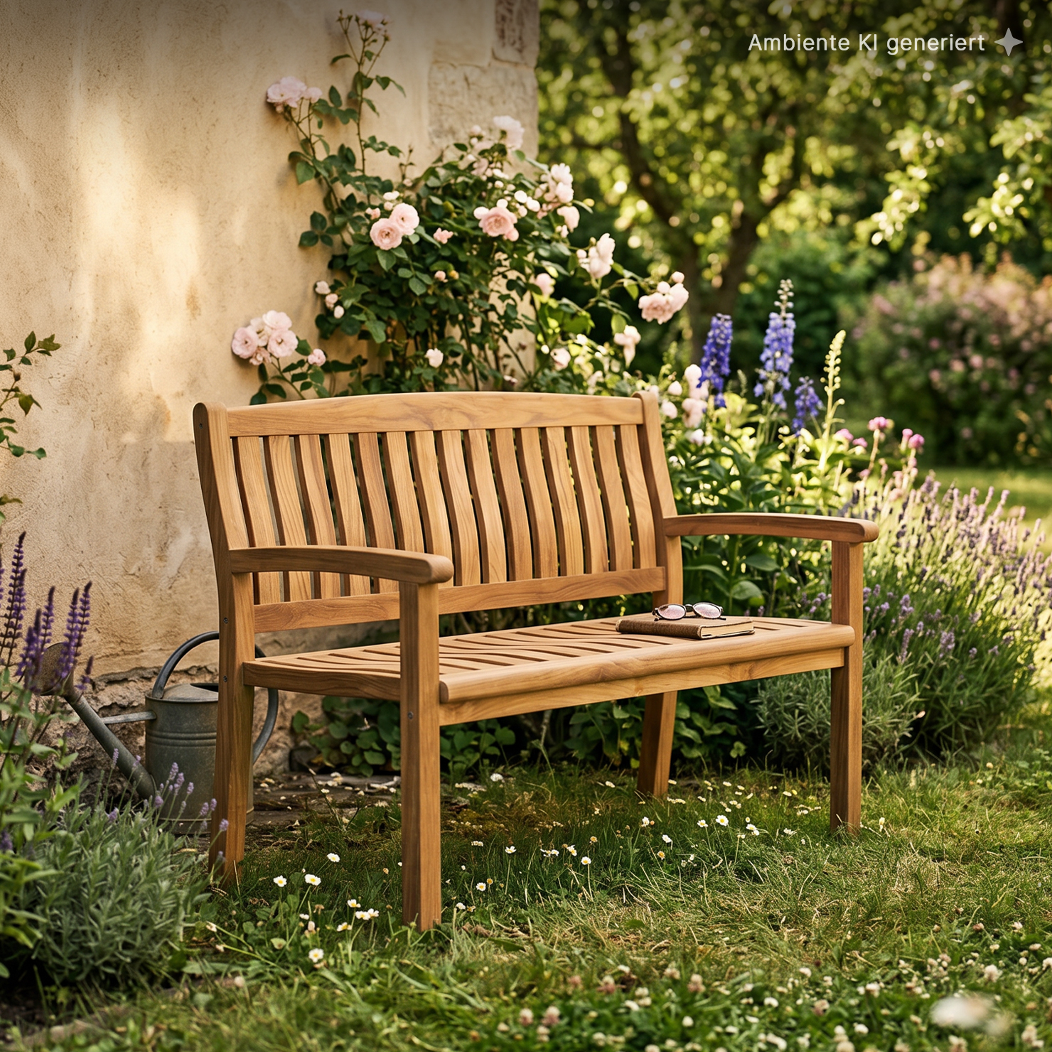 Holzbank im sonnigen Garten vor einer Putzmauer, rosa Kletterrosen und blühenden Stauden, auf der Bank ein Buch und eine Sonnenbrille, Gießkanne daneben, Wiese mit Gänseblümchen und Lavendel im Vordergrund