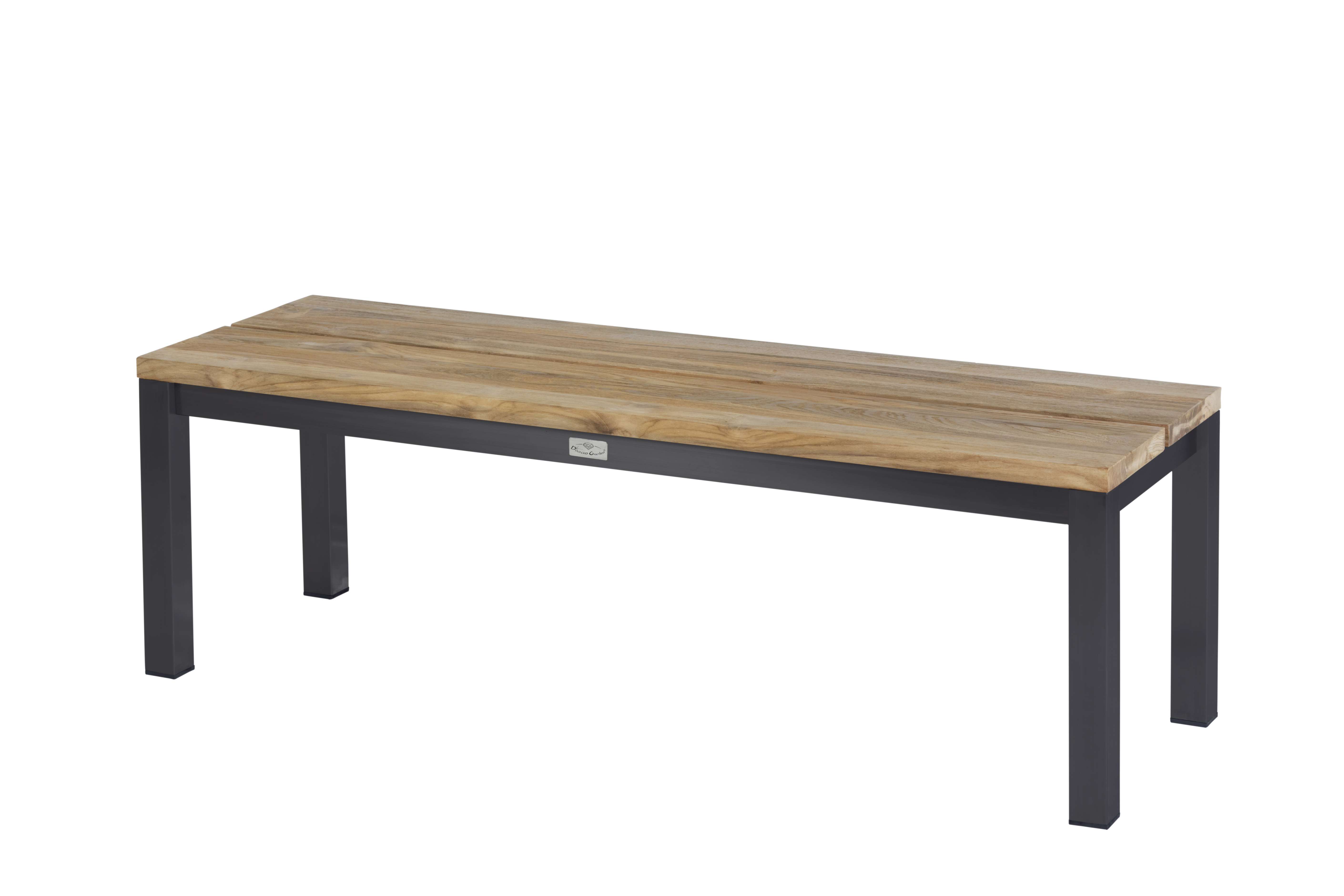 Bank Elsass aus Edelstahl und recyceltem Teakholz, rechteckige Sitzfläche mit natürlicher Holzmaserung, robustes Edelstahlgestell in dunkler Farbe, schlichtes, modernes Design, geeignet für Innen- und Außenbereiche.
