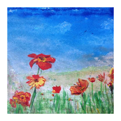 Aquarellillustration als Dekoration mit roten und orangefarbenen Wiesenblumen im Vordergrund, grünem Gras, sanften Hügeln und hellem blauem Himmel