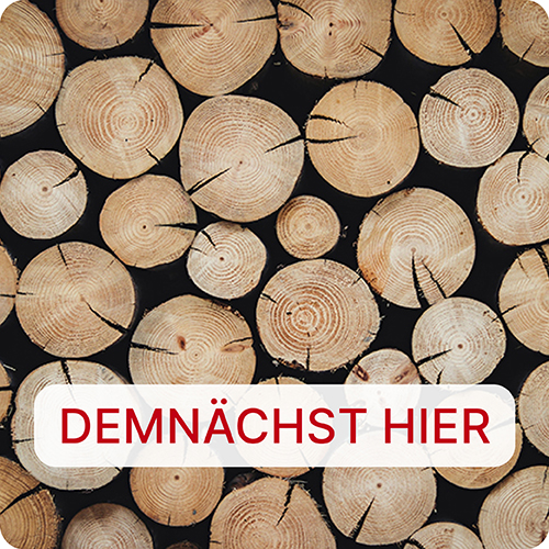 Querschnitte von Holzstämmen unterschiedlicher Größe auf dunklem Hintergrund; mittig ein weißes abgerundetes Banner mit roter Aufschrift DEMNÄCHST HIER