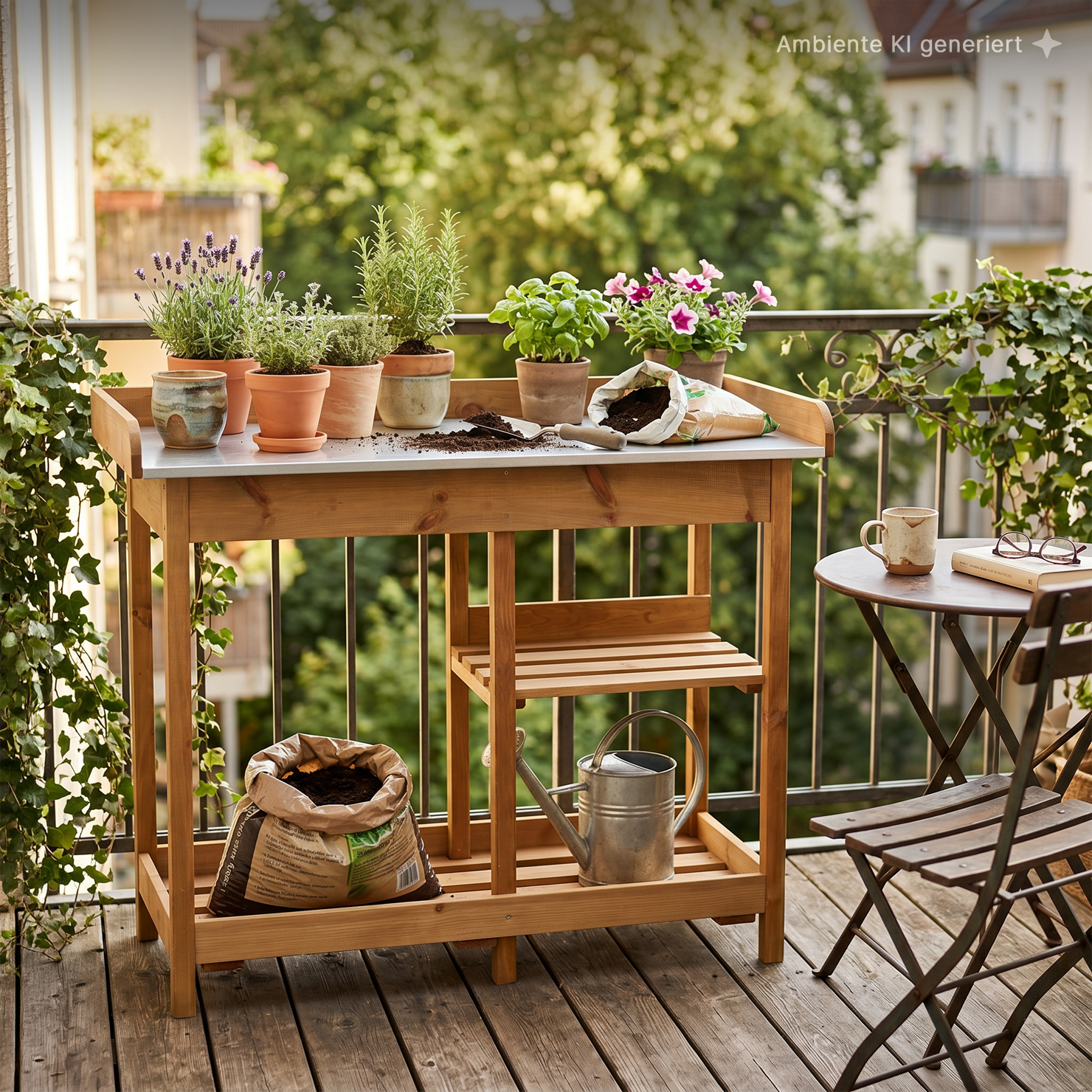 Balkon mit Holz-Pflanztisch und Töpfen mit Lavendel, Rosmarin, Basilikum und Petunien, verschüttete Erde und Schaufel, offener Sack Blumenerde, Gießkanne, Rank-Efeu und kleiner Sitzplatz mit Tisch, Tasse und Brille