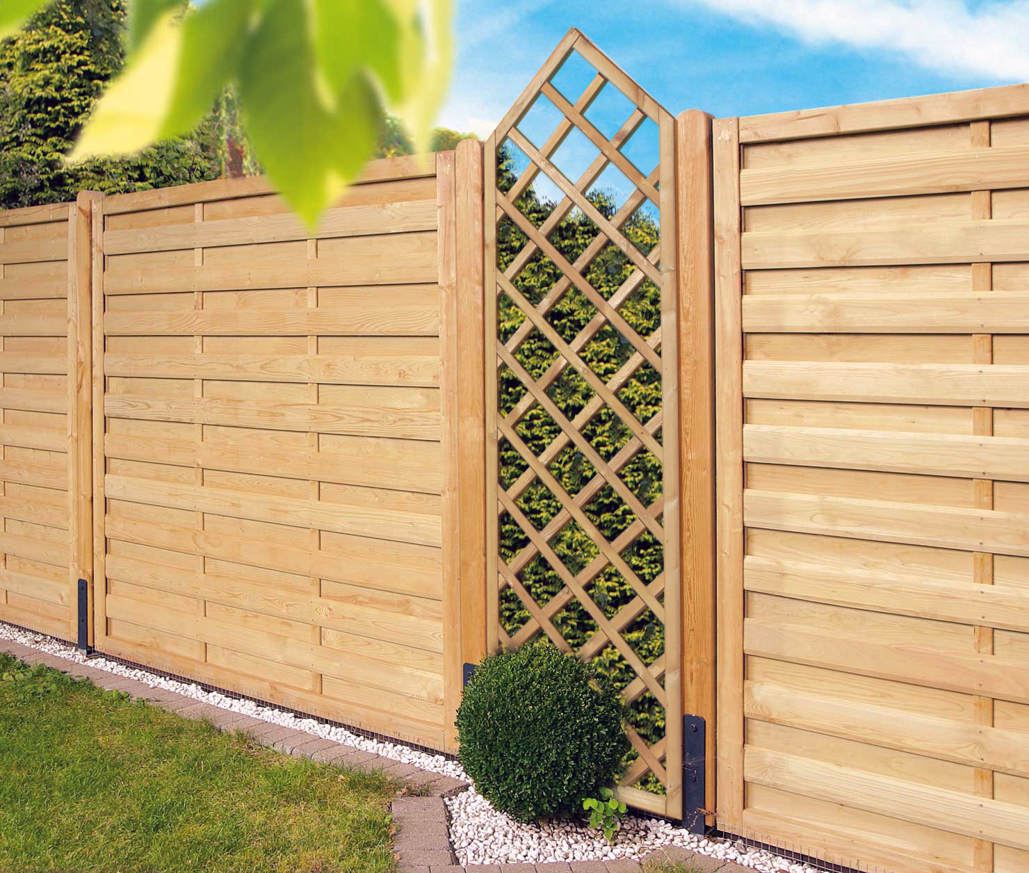 Rankgitter-Spitzelement aus imprägnierter Kiefer, Größe 60 x 180/210/180 cm, in einen Holzzaun integriert, davor ein Buchsbaum und Kiesstreifen, dahinter grüne Hecke, blauer Himmel und Laub im Vordergrund
