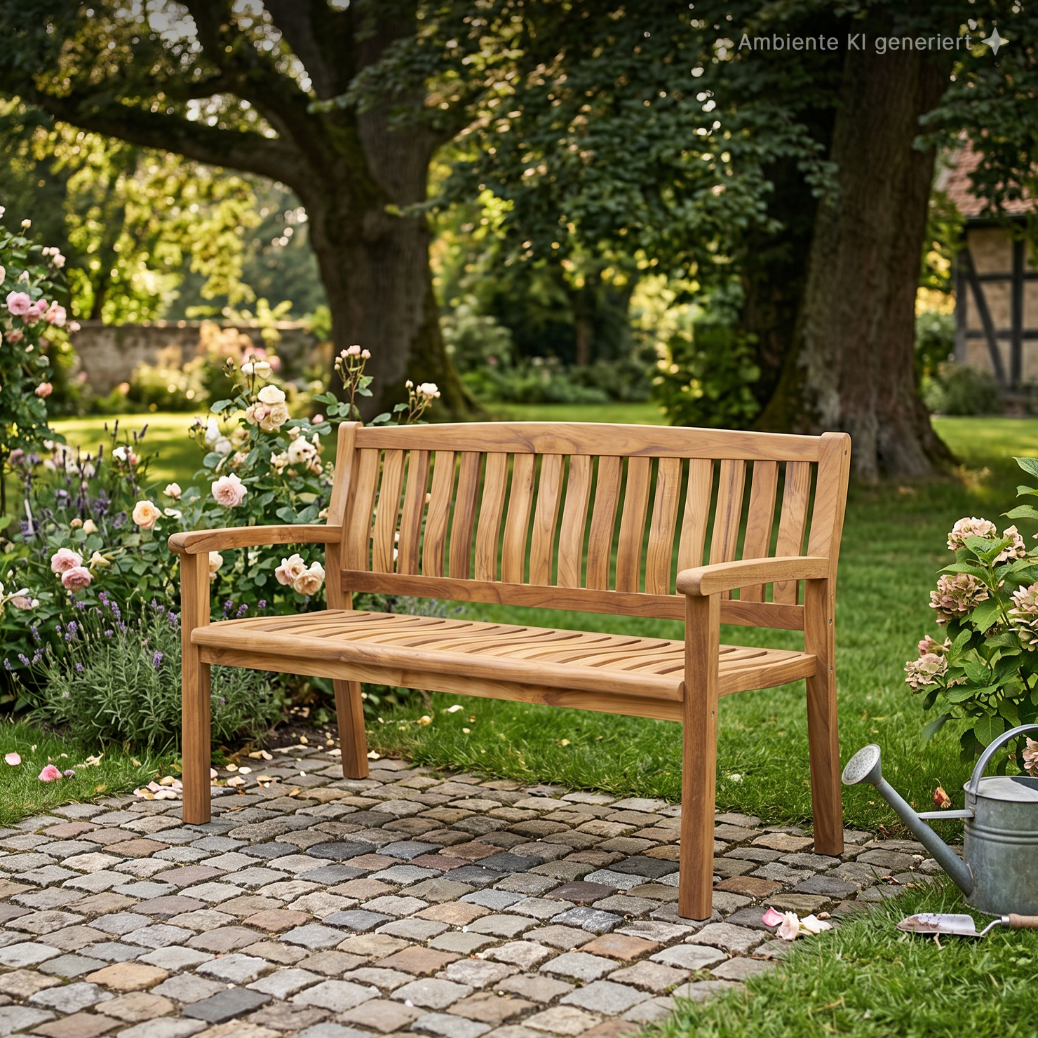 Holzbank auf gepflasterter Terrasse in einem blühenden Garten mit Rosen, Lavendel, Gießkanne und Gartenkelle, umgeben von grünem Rasen und großen Bäumen im warmen Nachmittagslicht