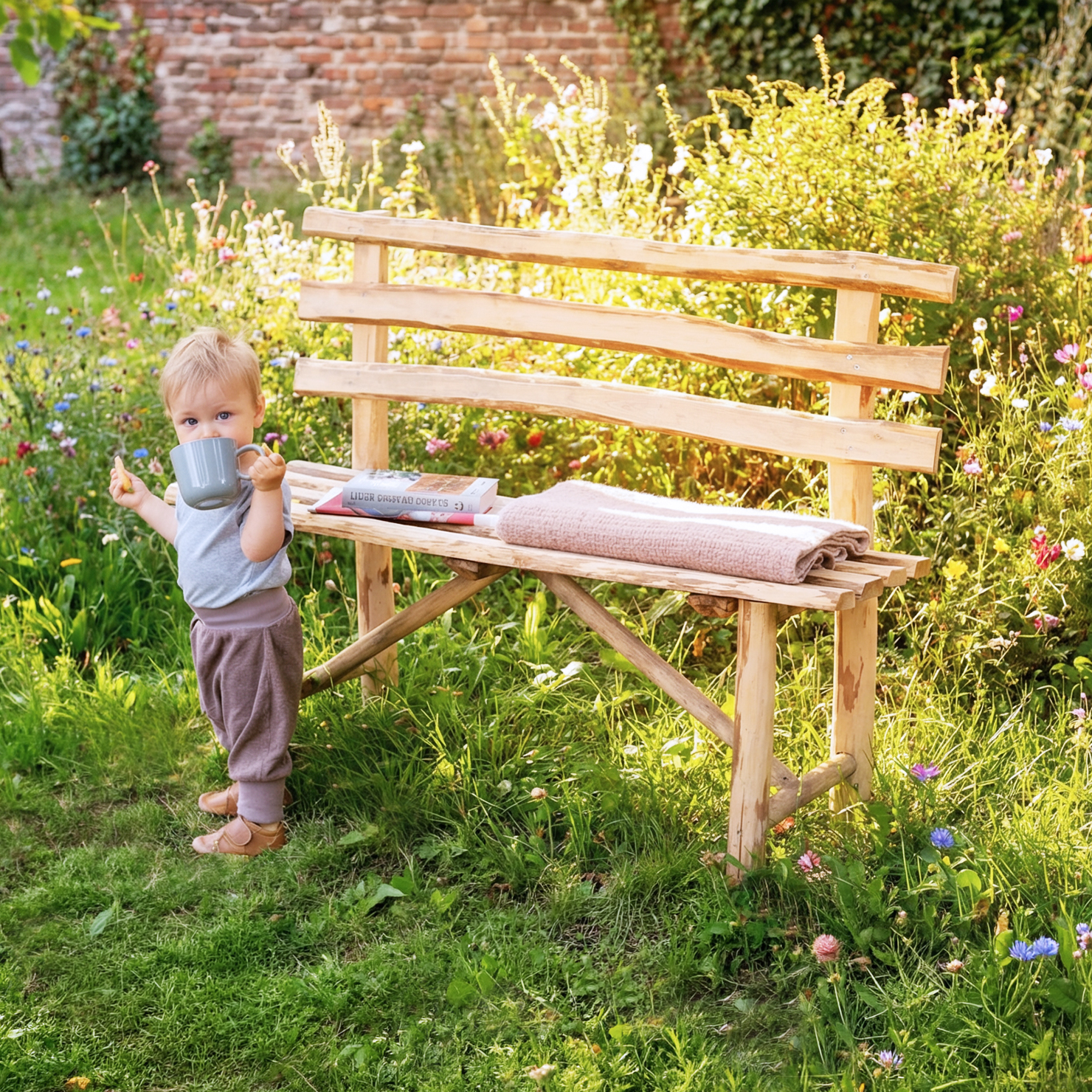 Rustikale Haselnuss-Gartenbank (118 cm) auf blühender Wiese, mit Buch und gefalteter Decke auf der Sitzfläche; daneben steht ein Kleinkind, das eine Tasse hält