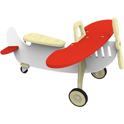 Holzspielzeug-Flugzeug in Weiß und Rot mit Sitz, Lenker, Holzpropeller und zwei Rädern