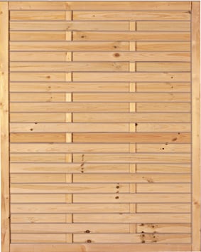 Lamellenzaun aus Holz, rechteckig, mit waagerechten und senkrechten Lamellen, Maß 34 x 55 mm, kesseldruckimprägniert, naturfarbene Oberfläche, natürliche Maserung und Äste sichtbar