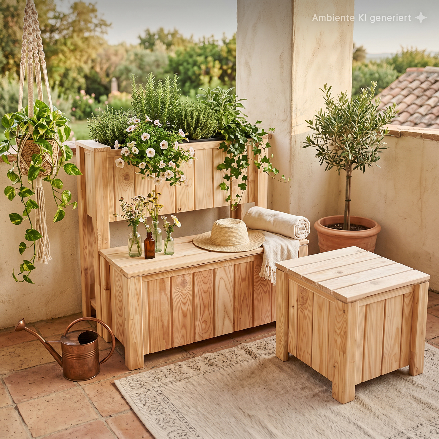 Gemütlicher Balkon mit hellen Holztruhen und Hocker, bepflanztem Hochbeet mit Kräutern und weißen Petunien, hängender Grünpflanze, Olivenbaum im Terrakottatopf, Kupfergießkanne, Strohhut, gerollter Decke und kleinen Glasvasen mit Blumen