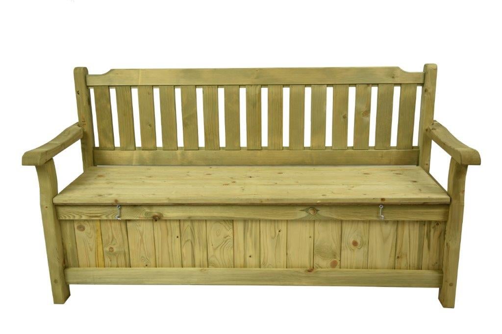 Holz-Banktruhe mit Rückenlehne und Armlehnen, Latten-Design, Stauraum unter der Sitzfläche, Maße 165 x 60 cm, Produkt auf weißem Hintergrund fotografiert
