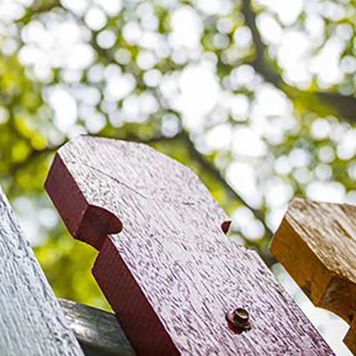 Nahaufnahme bunter Holzlatten eines Zauns: rote lackierte Latte mit sichtbarer Maserung und Schraube, daneben gelbe und hellblaue Latten, unscharfer grüner Laub-Hintergrund