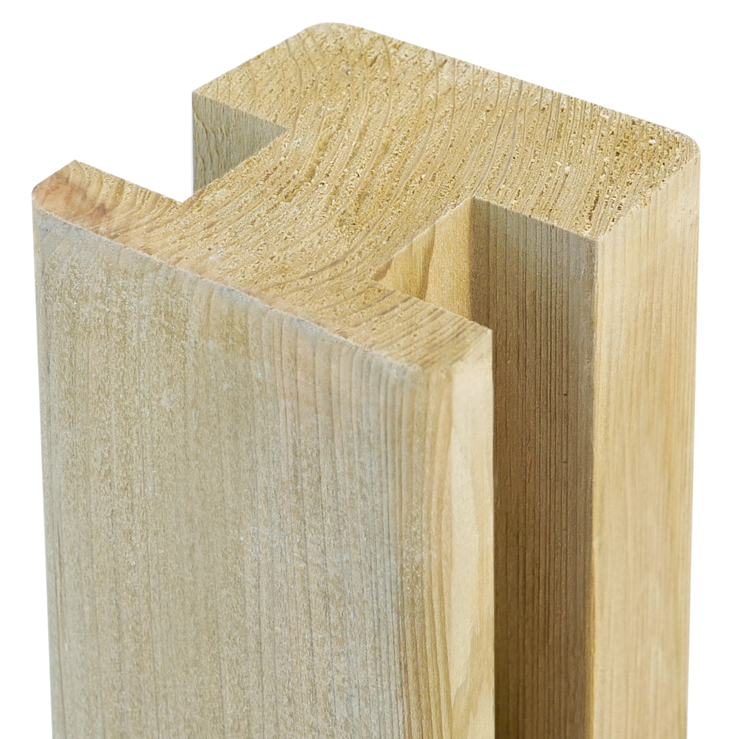 Verbindungspfosten aus Fichte mit Doppelnut, 9 x 9 cm; Holzmaserung und Schnittfläche deutlich sichtbar.