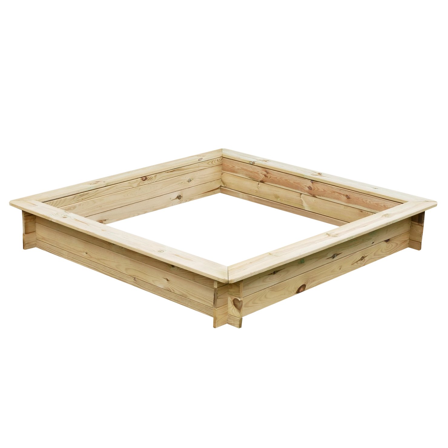 Quadratischer Sandkasten aus naturbelassenem Holz mit breitem Rand, geeignet für das Produkt Sandkasten Sandra, Perspektive schräg von vorne auf weißem Hintergrund