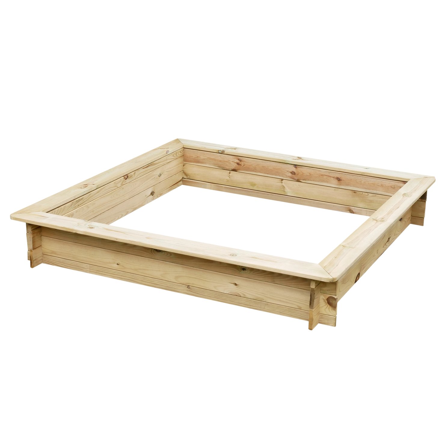 Quadratischer Sandkasten Sandra aus naturbelassenem Holz mit breitem, umlaufendem Rand, ohne Abdeckung und ohne Sand, auf weißem Hintergrund