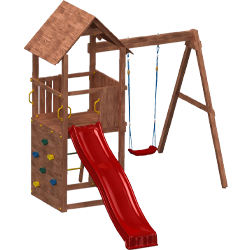 Holz-Spielgerät mit kleinem Dach und Plattform, rote Rutsche, Kletterwand mit bunten Griffen, Sprossenleiter und Einzelschaukel mit blau-gelben Seilen und rotem Sitz