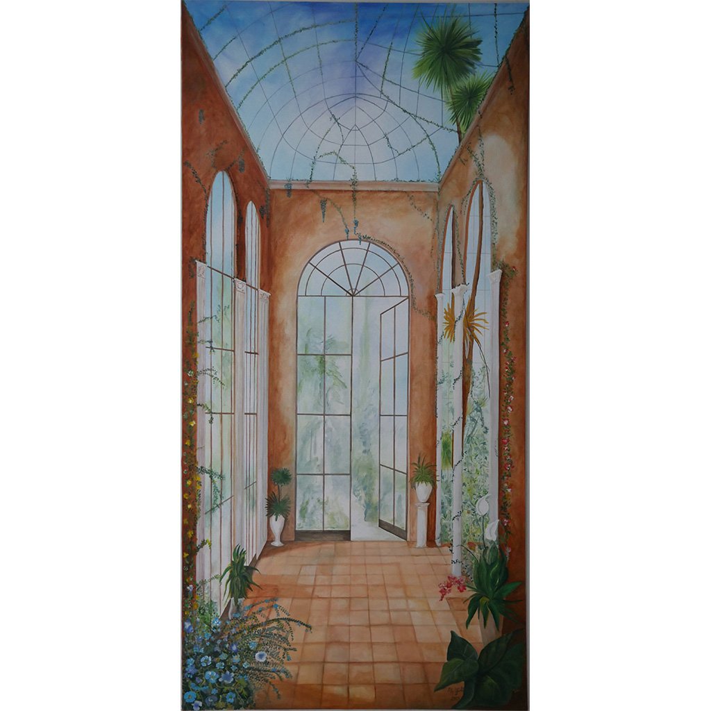 Acrylgemälde einer Orangerie mit hohen Fenstern, Terrakotta-Boden, Pflanzen in Töpfen und rankenden Pflanzen an den Wänden, Glasdach mit Himmel und Palmenblättern, lichtdurchflutete Atmosphäre, Unikat