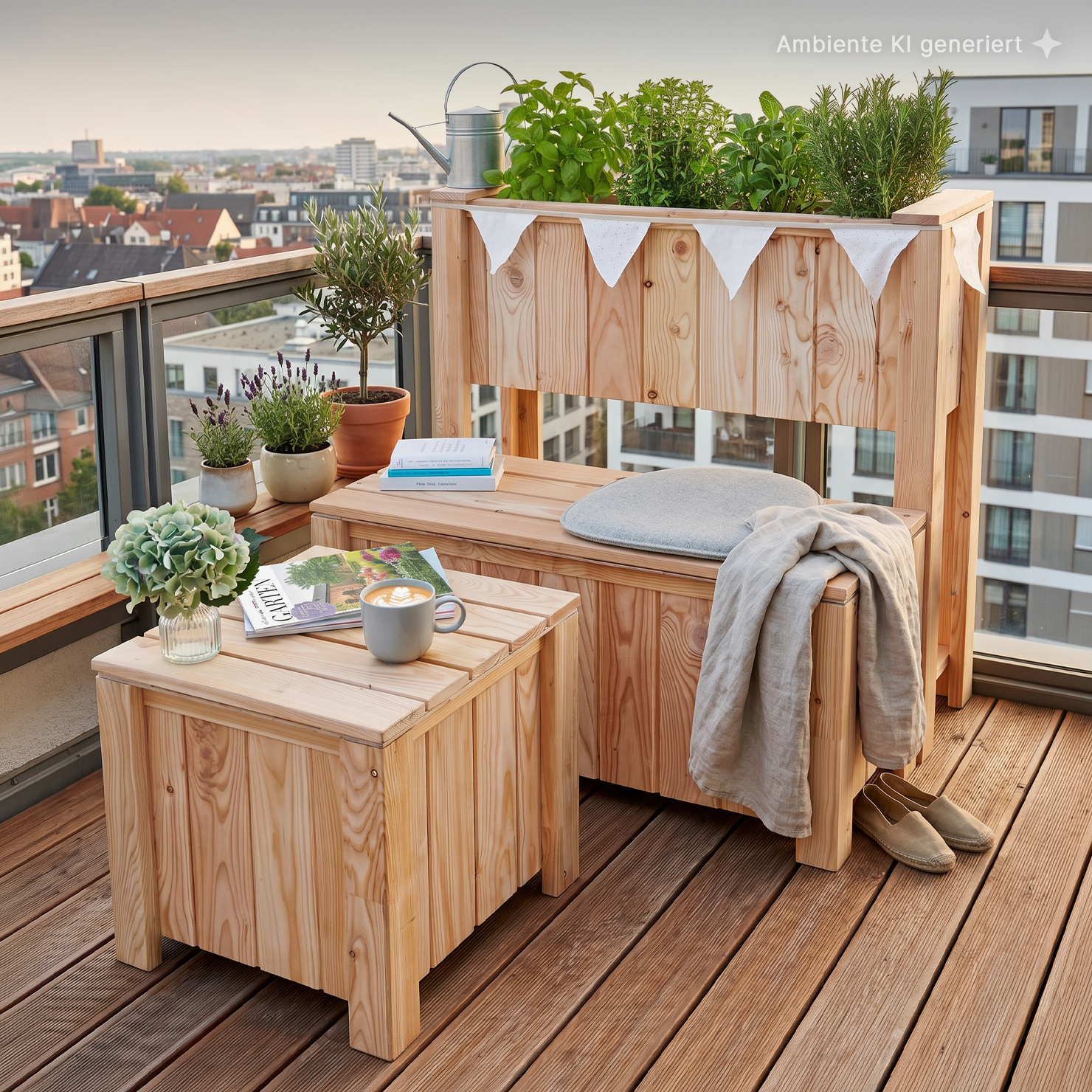 Balkon mit hellen Holzboxen als Sitzbank und Tisch, Hochbeet mit Kräutern und Gießkanne, mehrere Pflanztöpfe, Tasse mit Latte auf Magazin, Sitzkissen, Leinenüberwurf und Hausschuhe, Stadtgebäude im Hintergrund