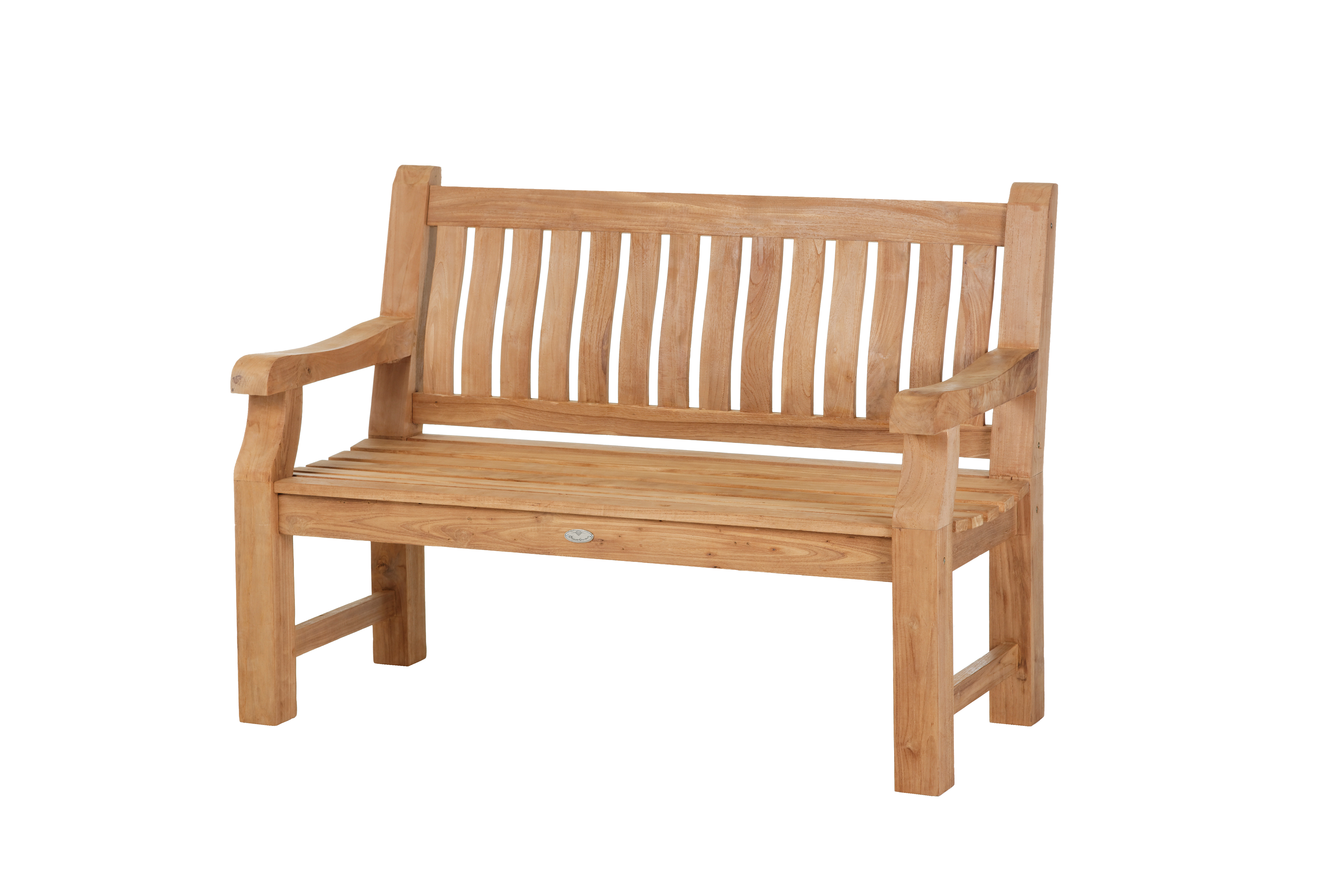Landhausbank Provance 2-3-Sitzer aus recyceltem Teakholz in natürlicher Farbe, mit hoher, geschwungener Rückenlehne und Armlehnen, geeignet für Garten oder Terrasse.