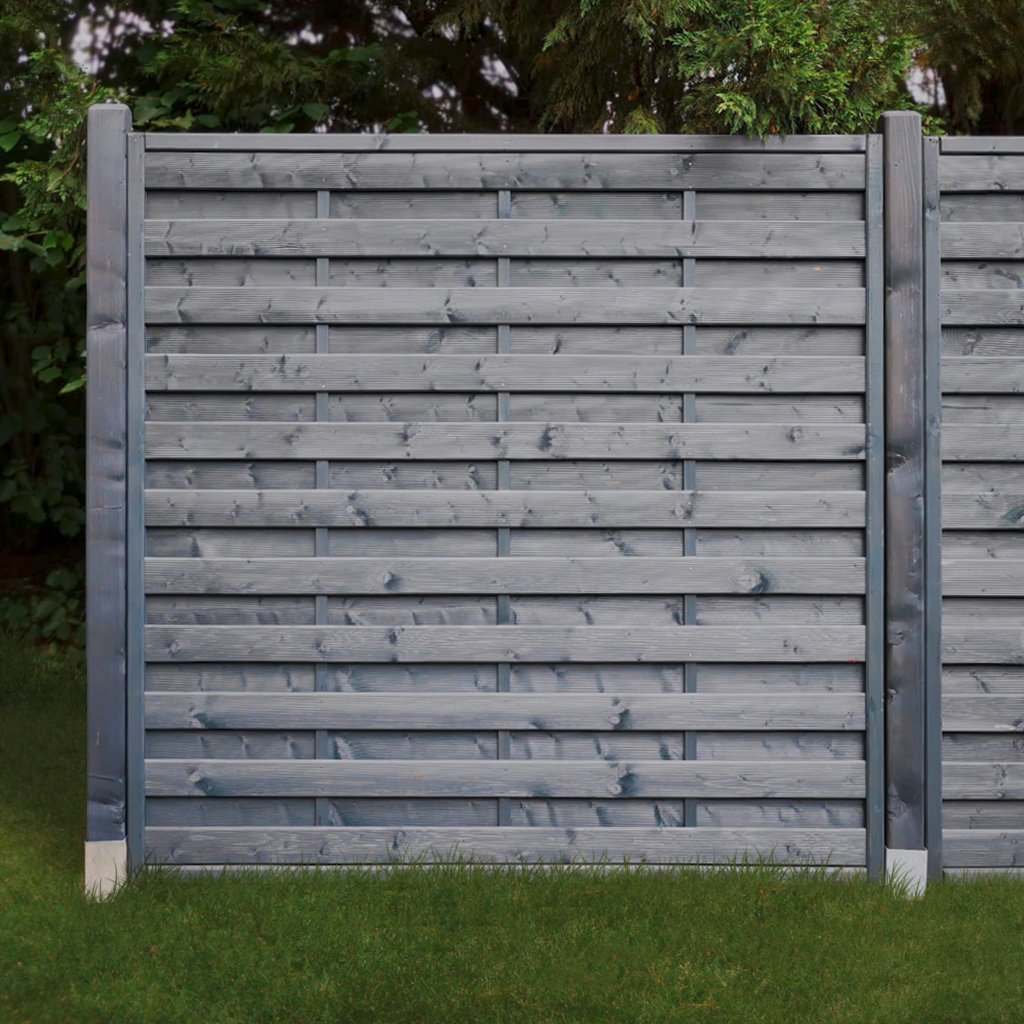 Dichtzaun 2-fach lasiert anthrazit grau 180 x 180 cm, hier mit passenden kopfgerundeten Pfostenm