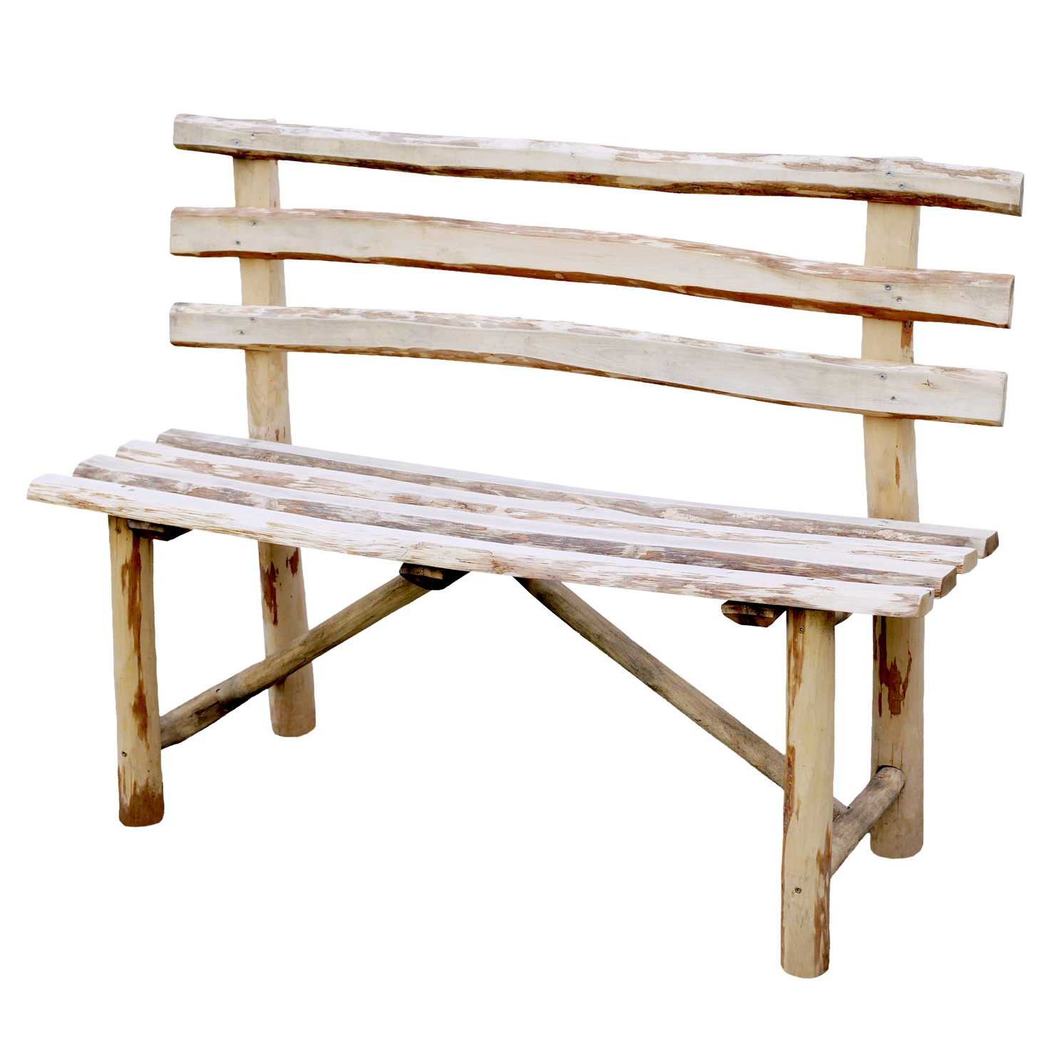 Rustikale Bank aus Haselnussholz, 118 cm, naturbelassene helle Oberfläche, drei unregelmäßige Rückenlehnenlatten, geschlitzter Latten-Sitz, sichtbare Ast- und Rindenspuren, einfache Rundbeine mit diagonaler Verstrebung