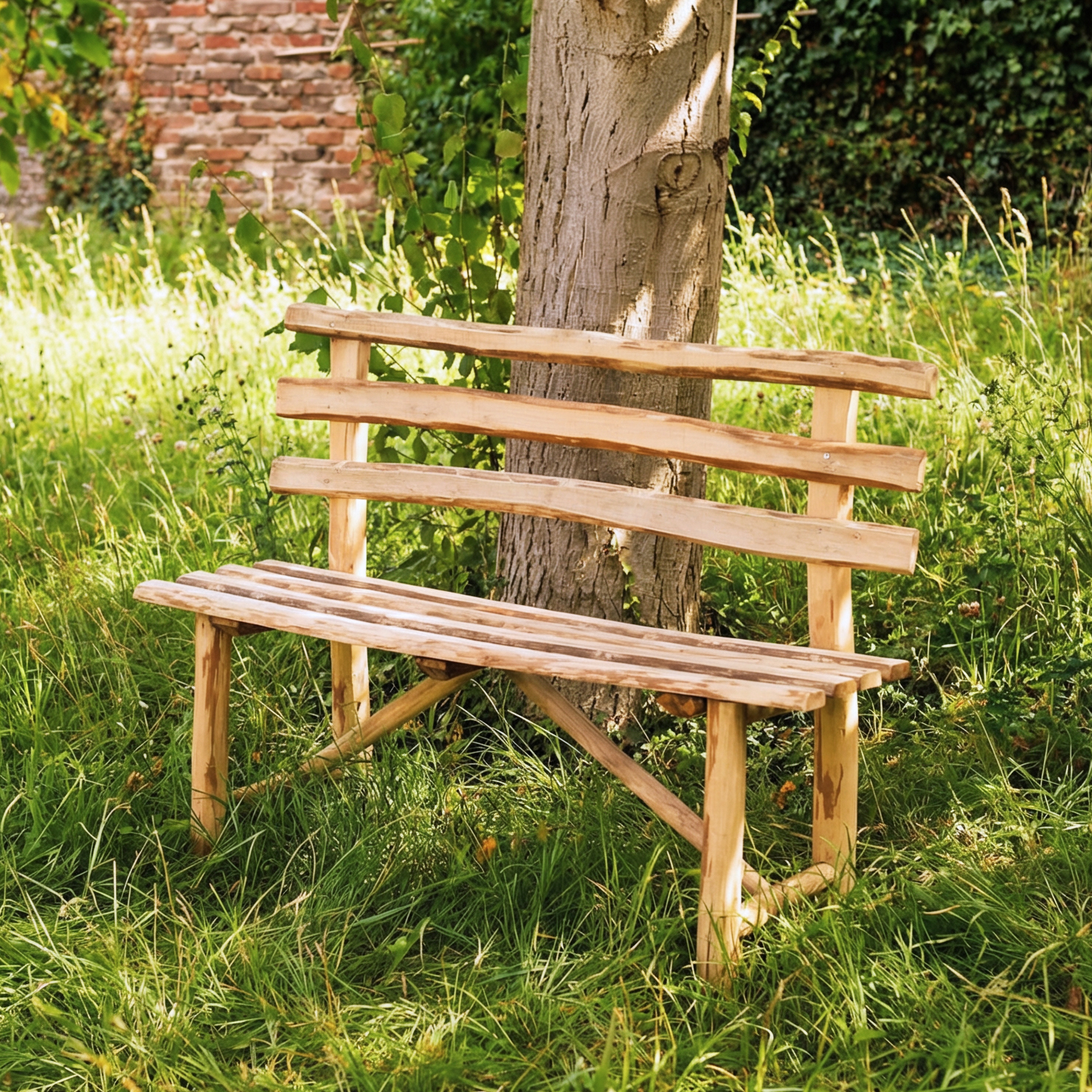 Rustique Bank aus Haselnuss (118 cm), rustikale Holzbank mit geschwungenen, handgehobelten Latten und sichtbarer Maserung, helle natürliche Oberfläche, im hohen Gras vor einem Baum und einer alten Backsteinmauer im Garten