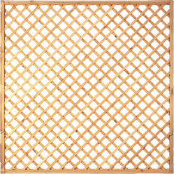 Quadratisches helles Holz-Rankgitter mit diagonal gekreuzten Latten in regelmäßigem Rautenmuster, schmalem Rahmen und gleichmäßigen Öffnungen