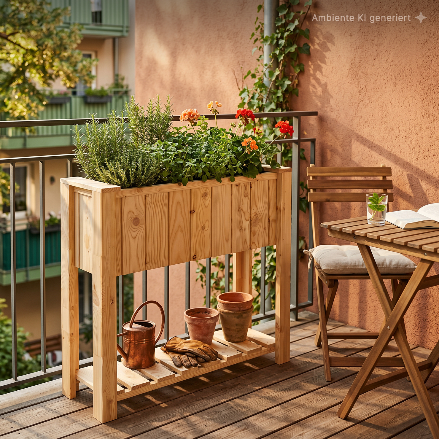 Balkon mit hohem Holz-Pflanzkasten voller Kräuter und roten/orangen Geranien, darunter Gießkanne, Blumentöpfe und Arbeitshandschuhe; klappbarer Holz-Tisch mit Glas und geöffnetem Buch, Holzstuhl mit Kissen, Kletterpflanze an der terrakottafarbenen Wand.