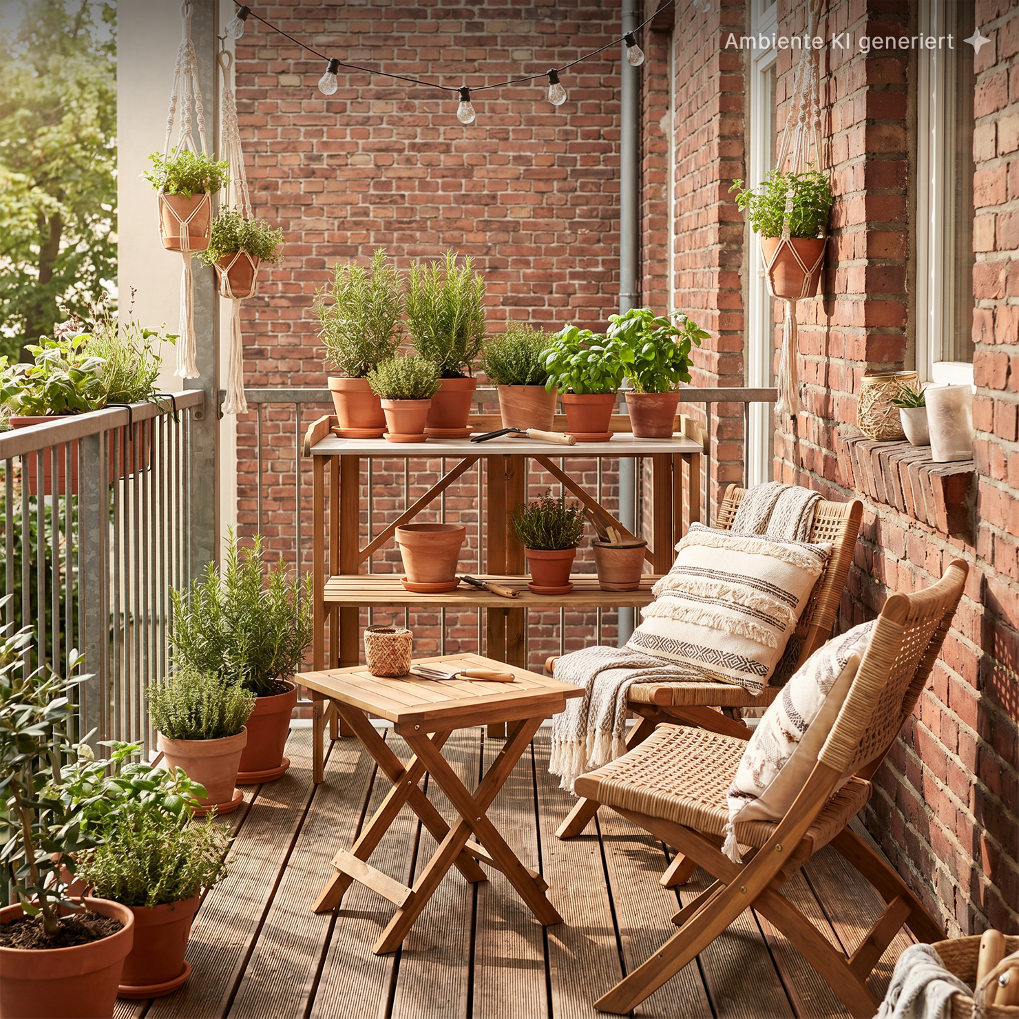 Gemütlicher Balkon mit Holzterrasse, zwei geflochtene Klappstühle mit Kissen und Decke, kleiner Holztisch, Regal und viele Terrakottatöpfe mit Kräutern, hängende Pflanzen und Lichterkette vor roter Backsteinwand
