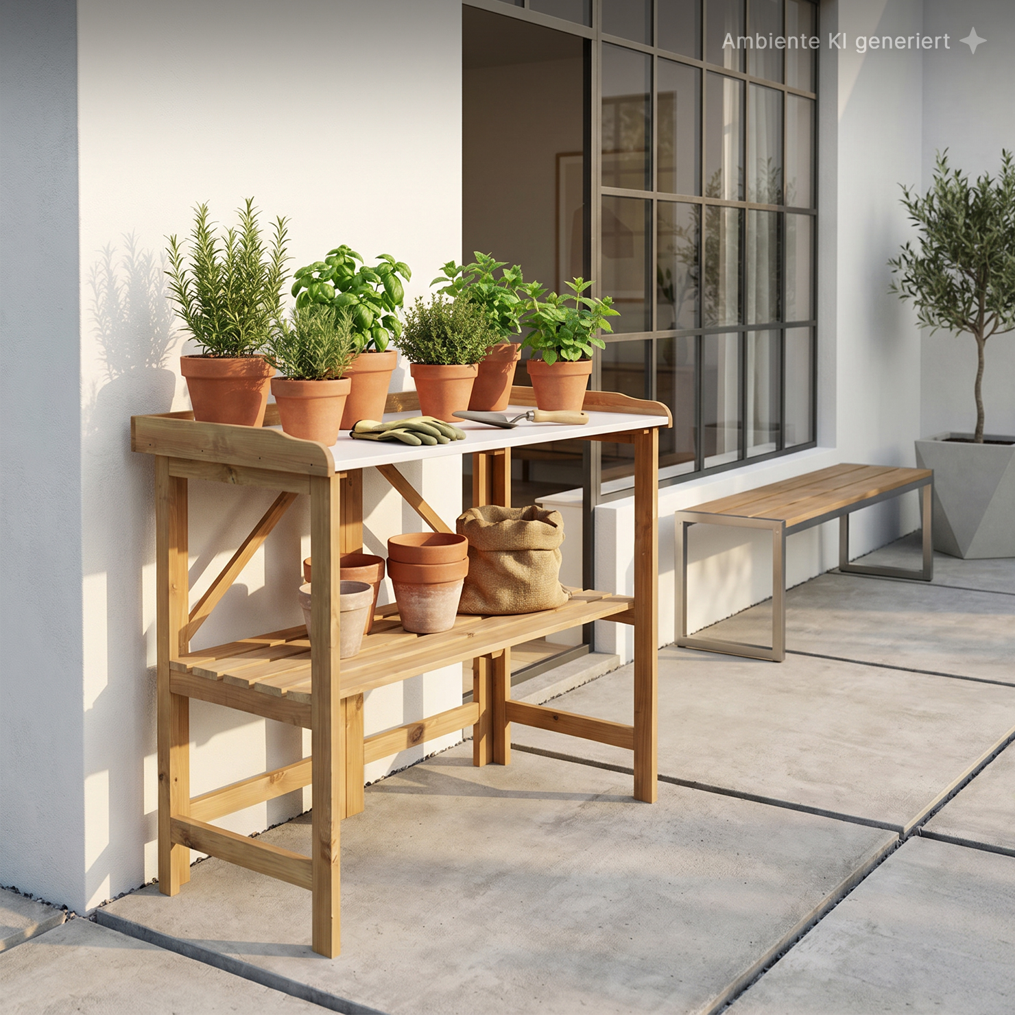 Holz-Gärtnertisch auf sonniger Terrasse vor weißer Hauswand und großen Fensterpaneelen, mehrere Terrakottatöpfe mit Kräutern (Rosmarin, Basilikum, Minze, Thymian), Handschuhe, Kelle, leere Töpfe und Jutesack auf unterer Ablage, Bank rechts