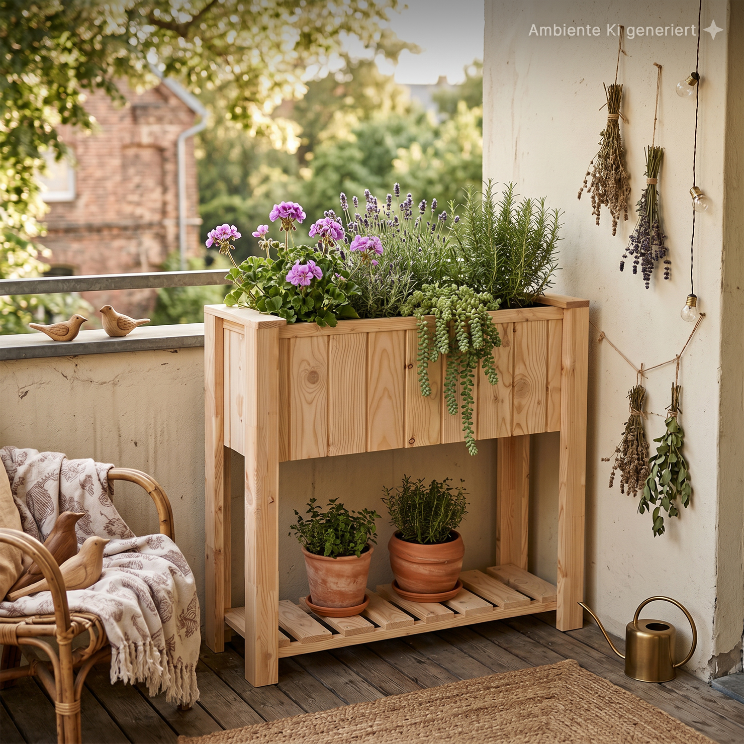 Gemütlicher Balkon mit hohem Holzpflanzkasten voller pinker Geranien, Lavendel, Rosmarin und hängender Sukkulente, zwei Tontöpfe mit Kräutern darunter, getrocknete Kräuter an der Wand, Lichterkette, Rattanstuhl mit Decke und Gießkanne