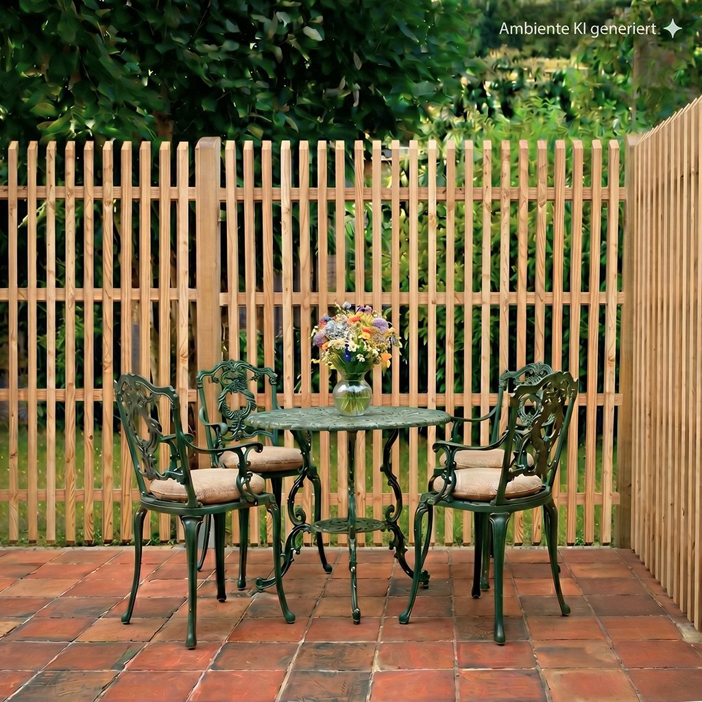 Terrasse mit rundem grünem, verziertem Metalltisch und zwei passenden Stühlen mit hellen Kissen, bunte Blumen in Vase auf dem Tisch, hölzerner Lattenzaun mit grüner Bepflanzung im Hintergrund, rote Terrakottafliesen